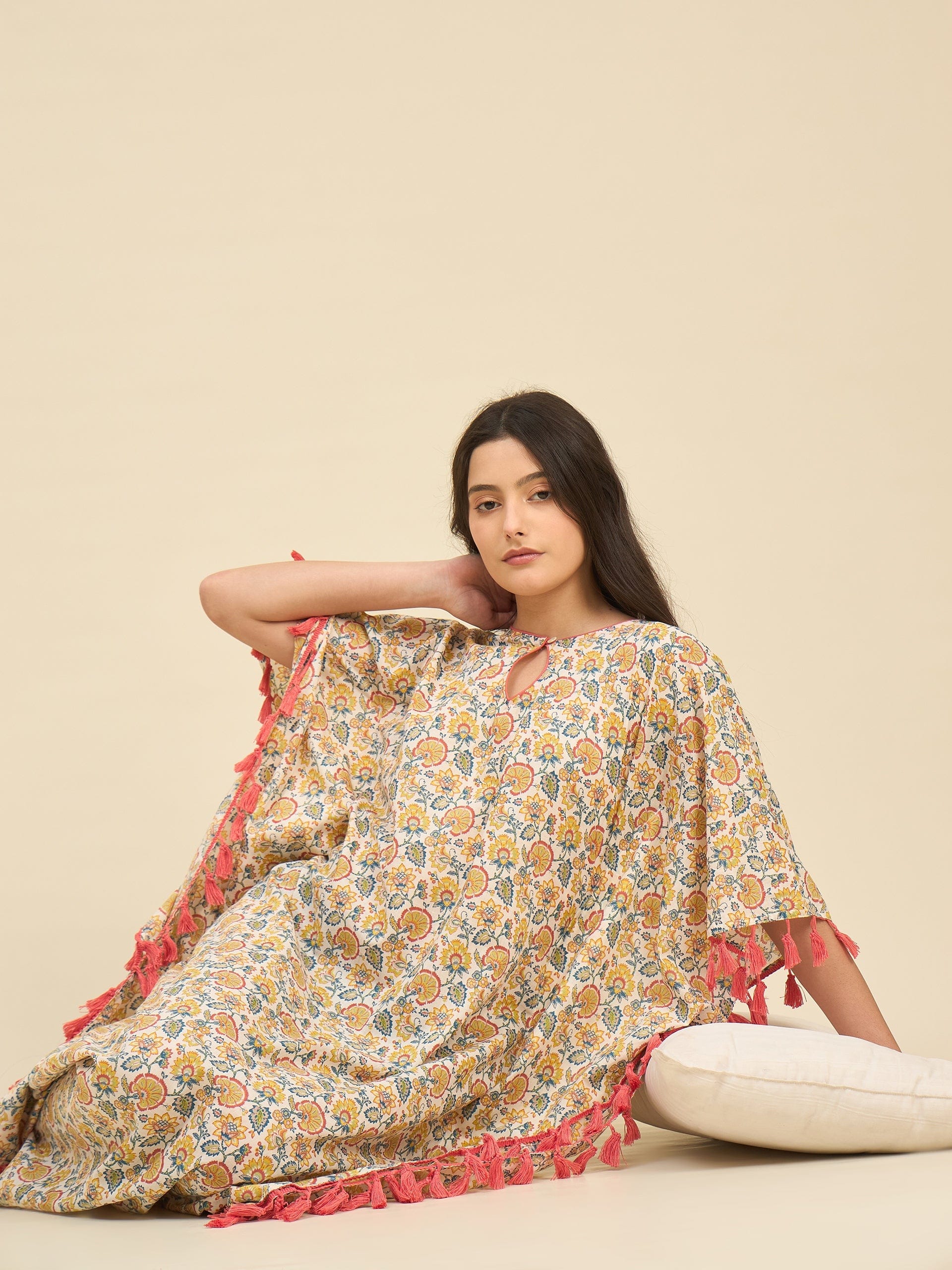The Kaftan Company Kaftan Floral Cotton Kaftan – Keyhole Neckline & Pink Tassel Trim