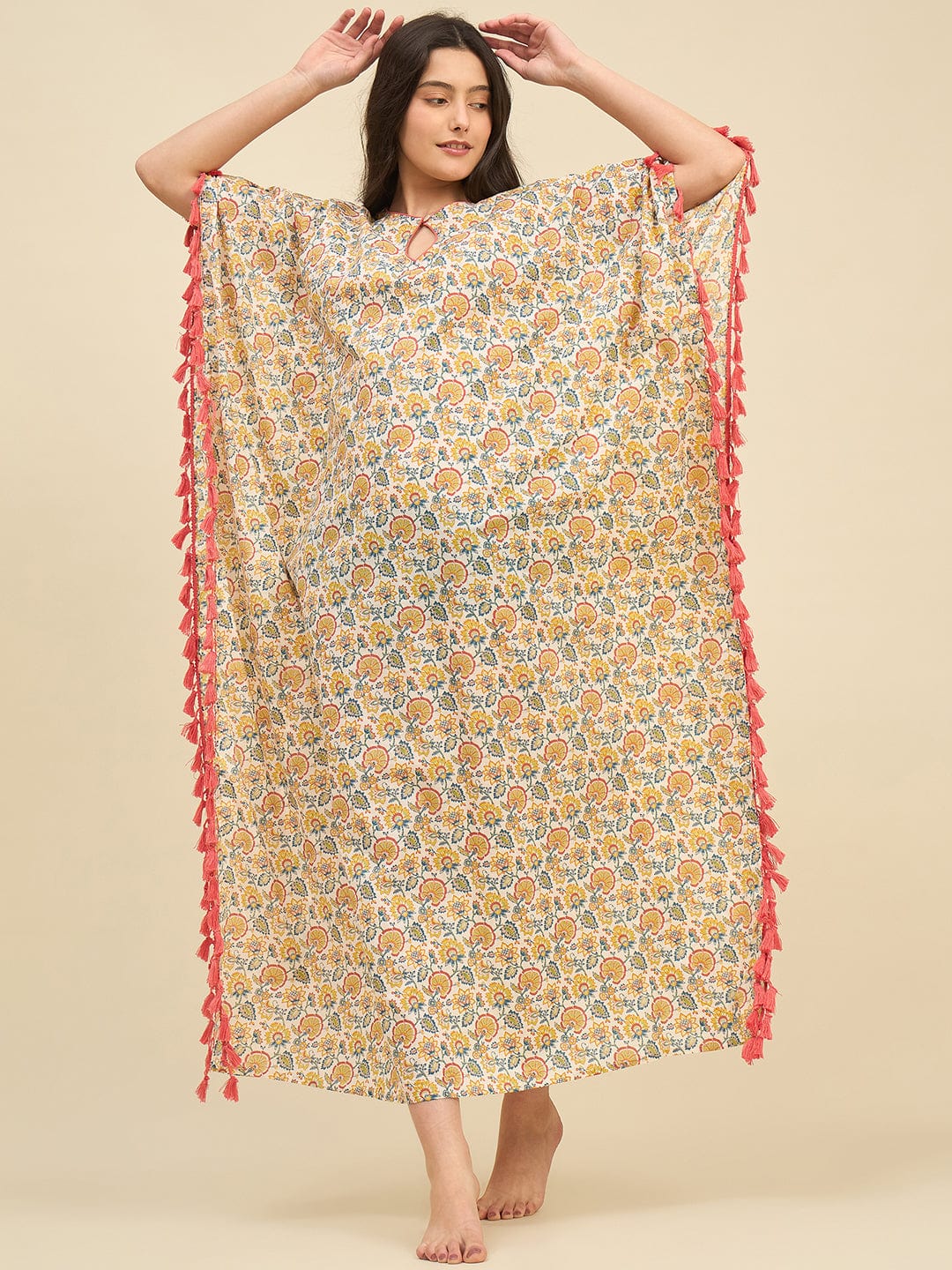 The Kaftan Company Kaftan Floral Cotton Kaftan – Keyhole Neckline & Pink Tassel Trim