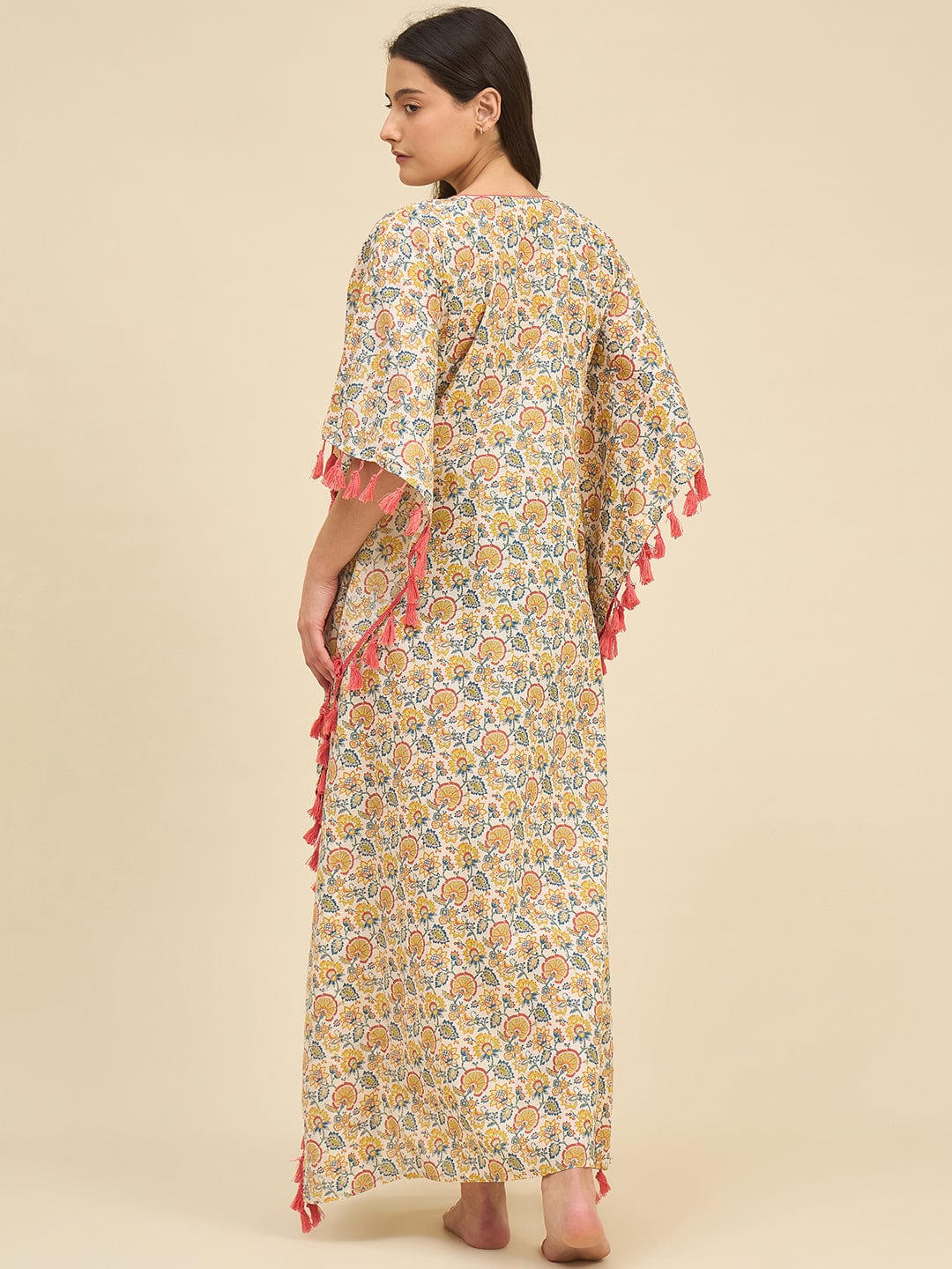 The Kaftan Company Kaftan Floral Cotton Kaftan – Keyhole Neckline & Pink Tassel Trim