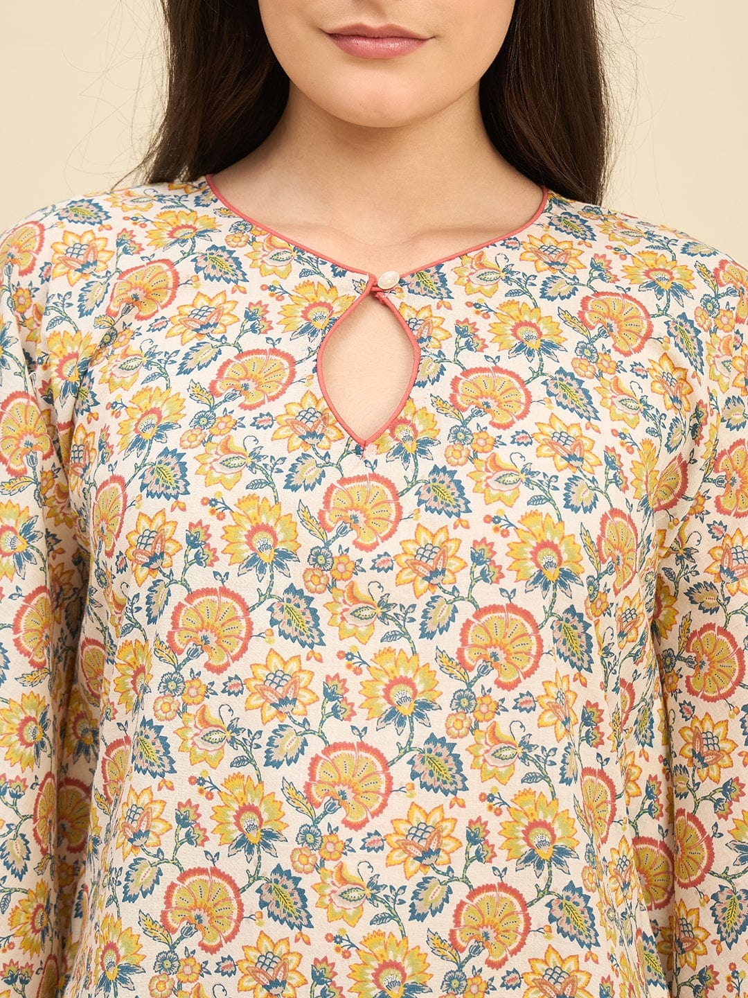 The Kaftan Company Kaftan Floral Cotton Kaftan – Keyhole Neckline & Pink Tassel Trim