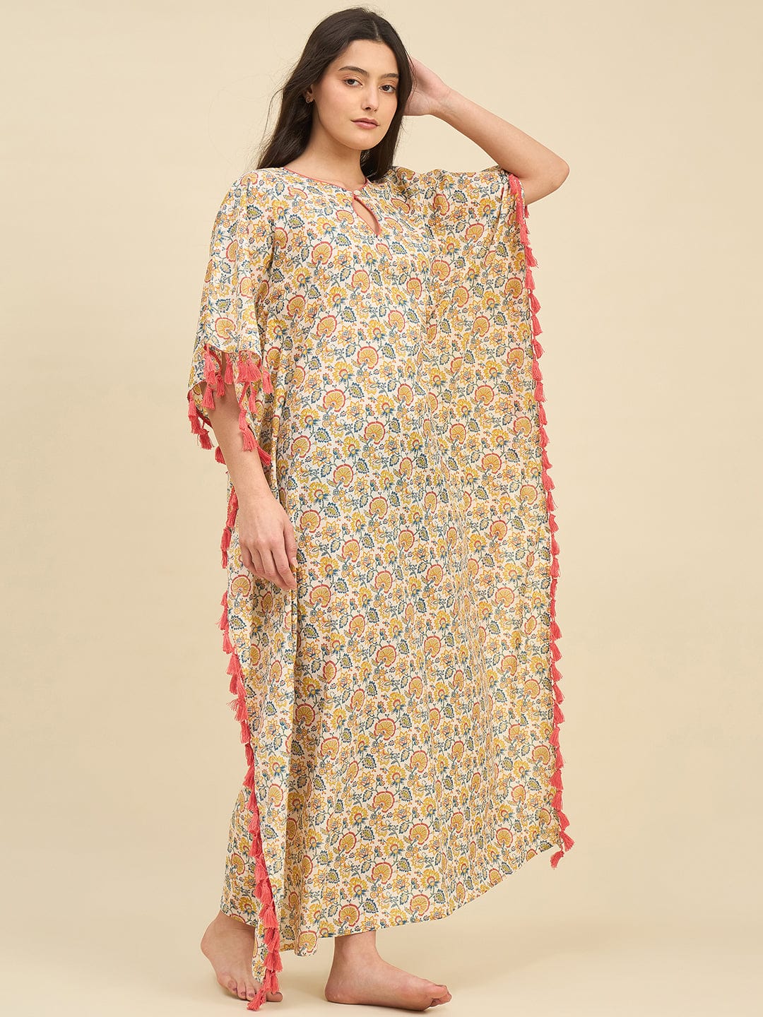 The Kaftan Company Kaftan Floral Cotton Kaftan – Keyhole Neckline & Pink Tassel Trim