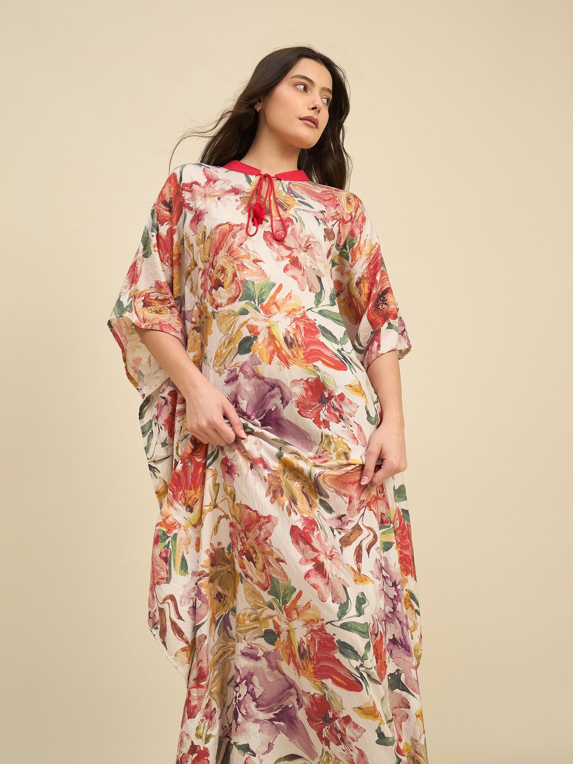 The Kaftan Company Kaftan Floral Watercolor Printed Kaftan – Red Collar & Tassel Tie-Up