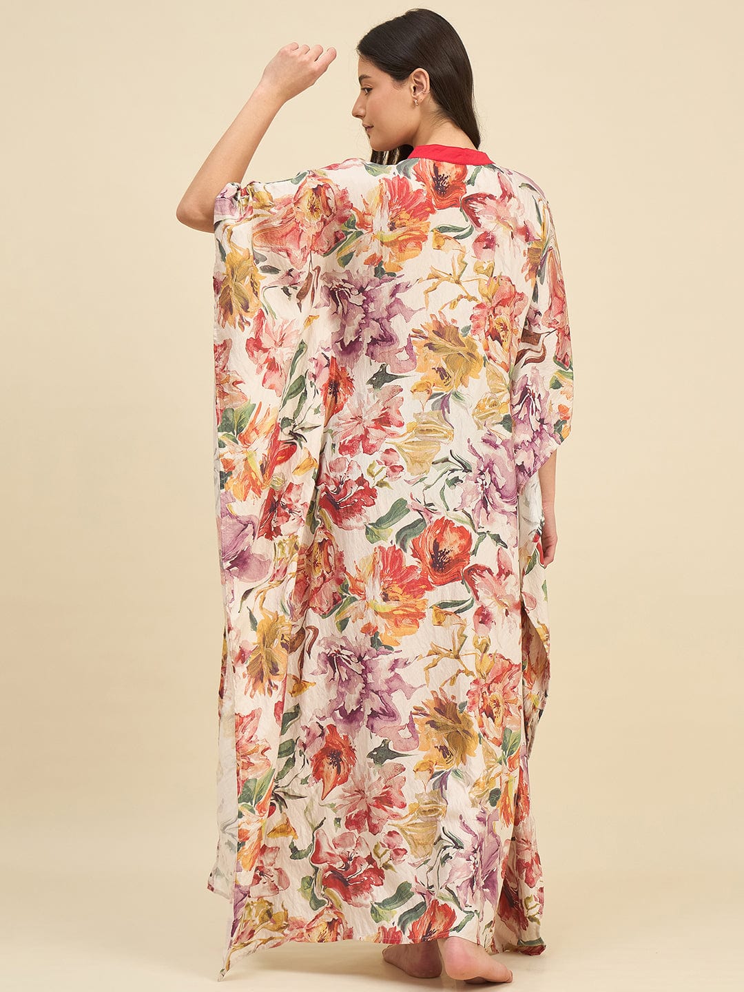 The Kaftan Company Kaftan Floral Watercolor Printed Kaftan – Red Collar & Tassel Tie-Up