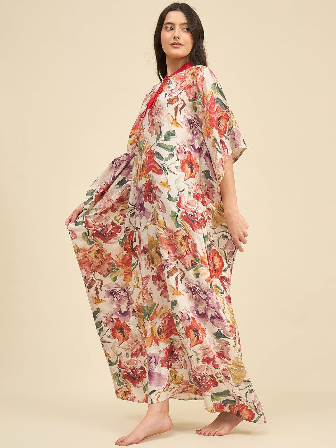 The Kaftan Company Kaftan Floral Watercolor Printed Kaftan – Red Collar & Tassel Tie-Up