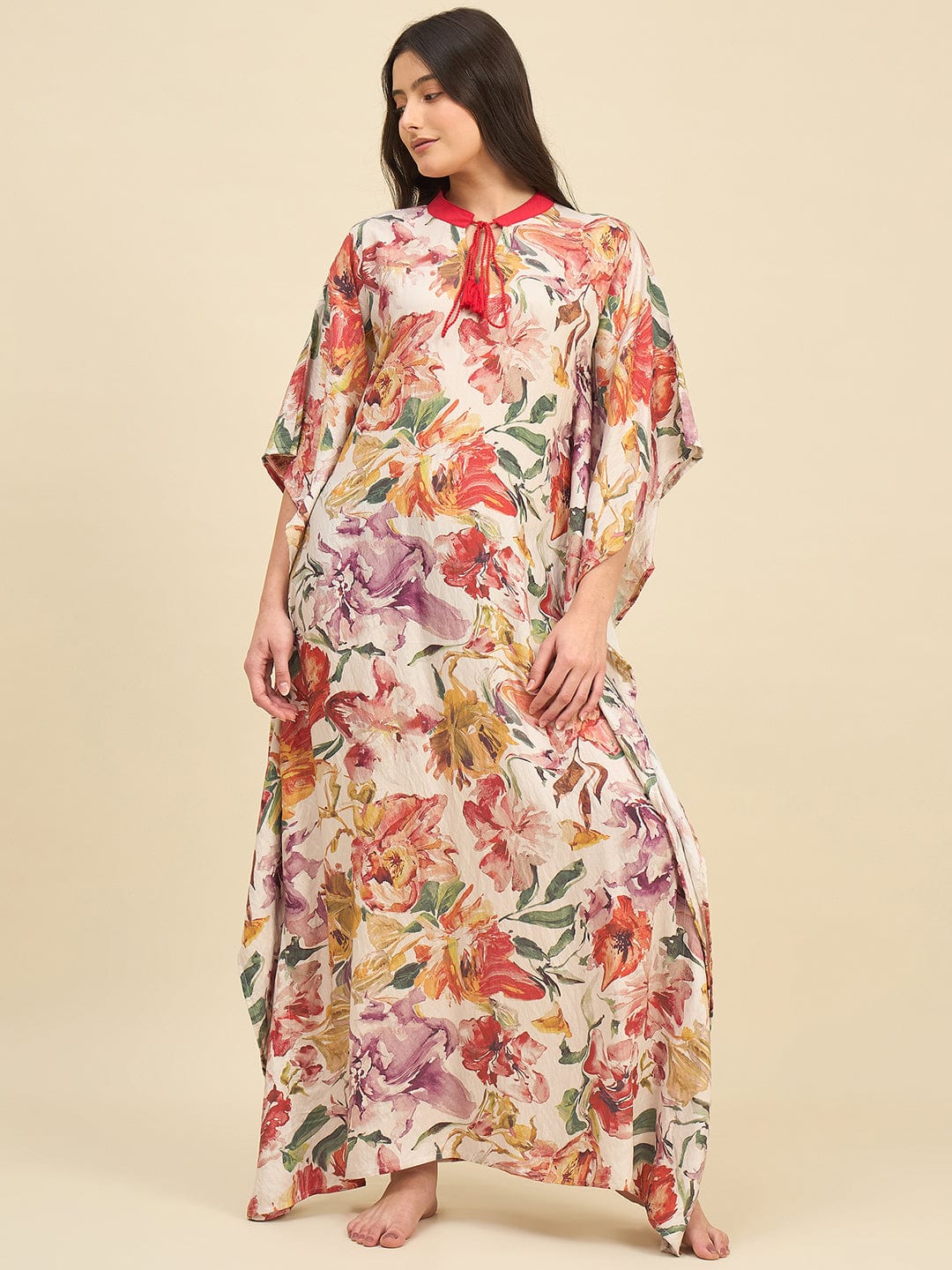 The Kaftan Company Kaftan Floral Watercolor Printed Kaftan – Red Collar & Tassel Tie-Up