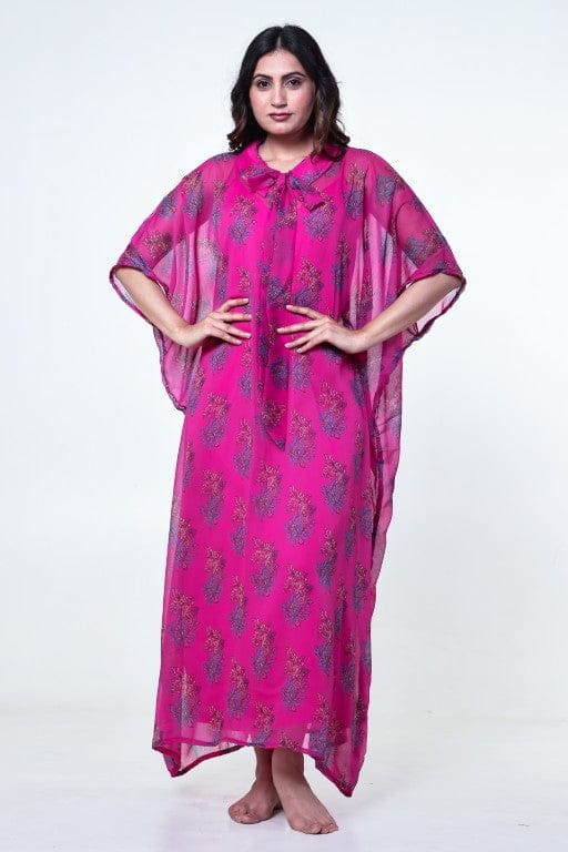The Kaftan Company Kaftan Fuchsia Printed Chiffon Loungewear Kaftan with Crepe Slip