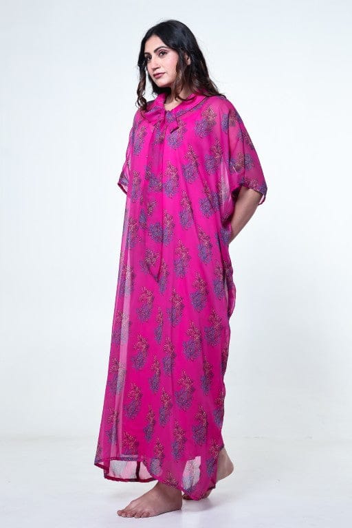 The Kaftan Company Kaftan Fuchsia Printed Chiffon Loungewear Kaftan with Crepe Slip