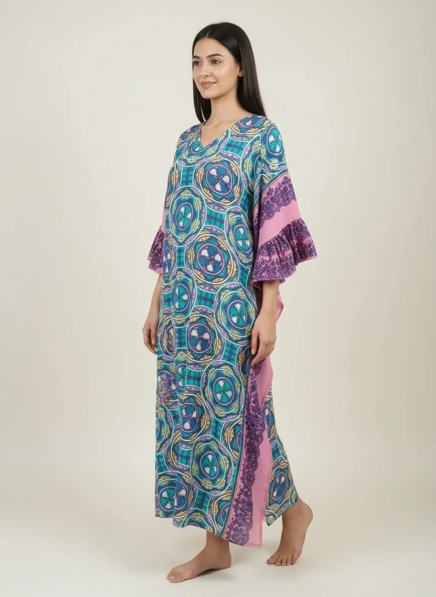 The Kaftan Company Kaftan Geometric Printed Viscose Kaftan with Frill Sleeves