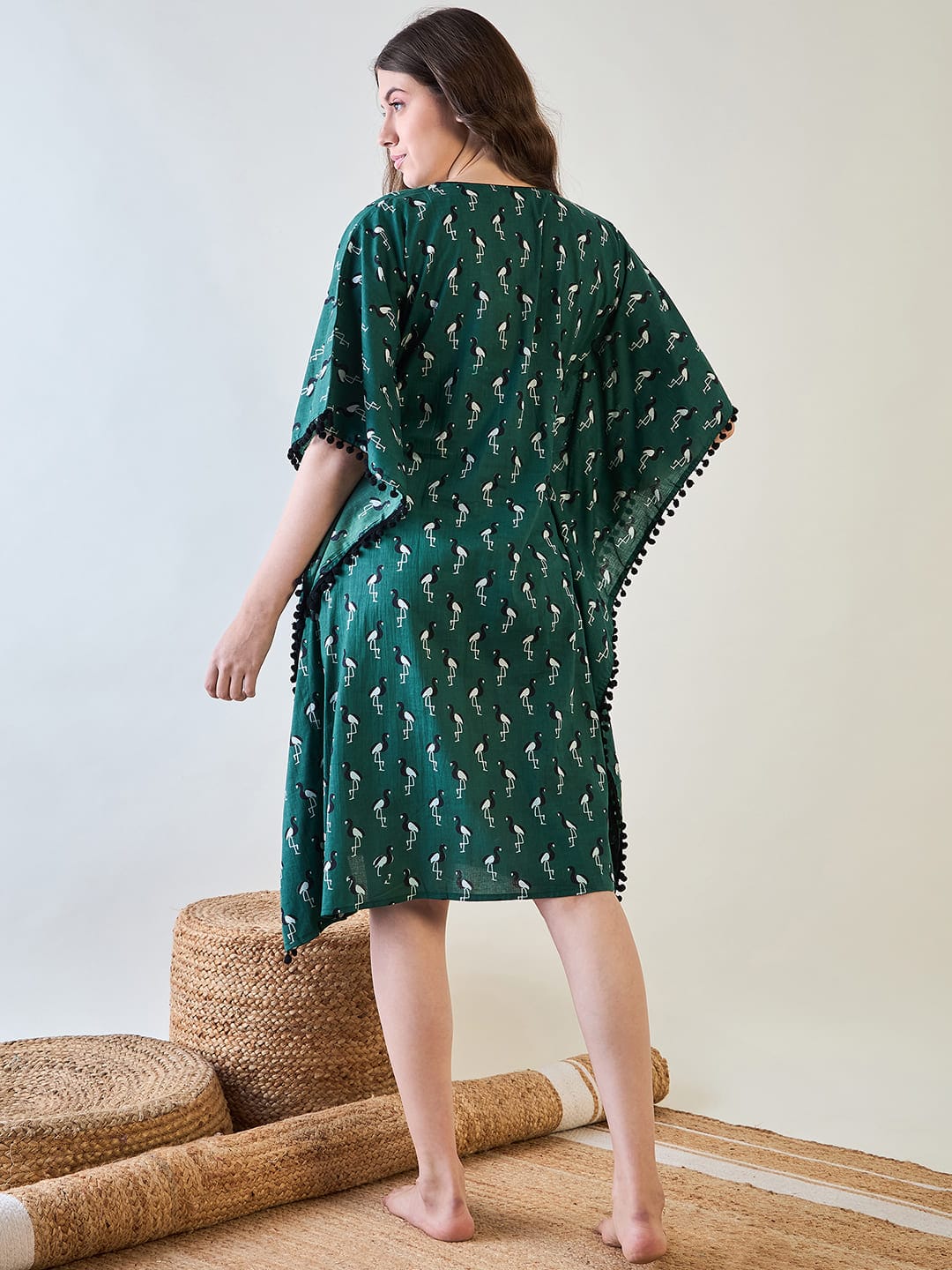 The Kaftan Company Kaftan Green Cotton Kaftan with Bird Print and Pom Pom Trim