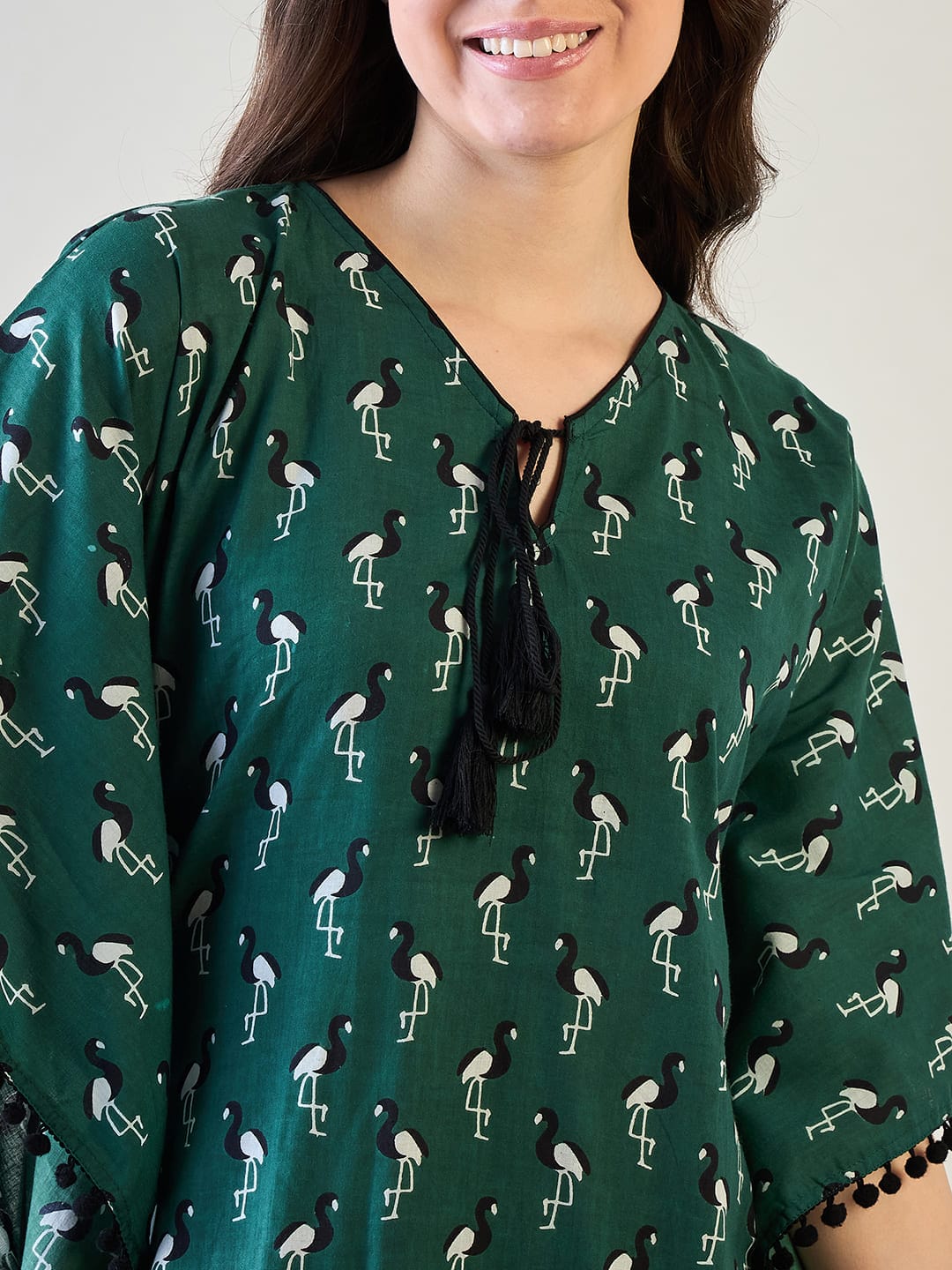 The Kaftan Company Kaftan Green Cotton Kaftan with Bird Print and Pom Pom Trim