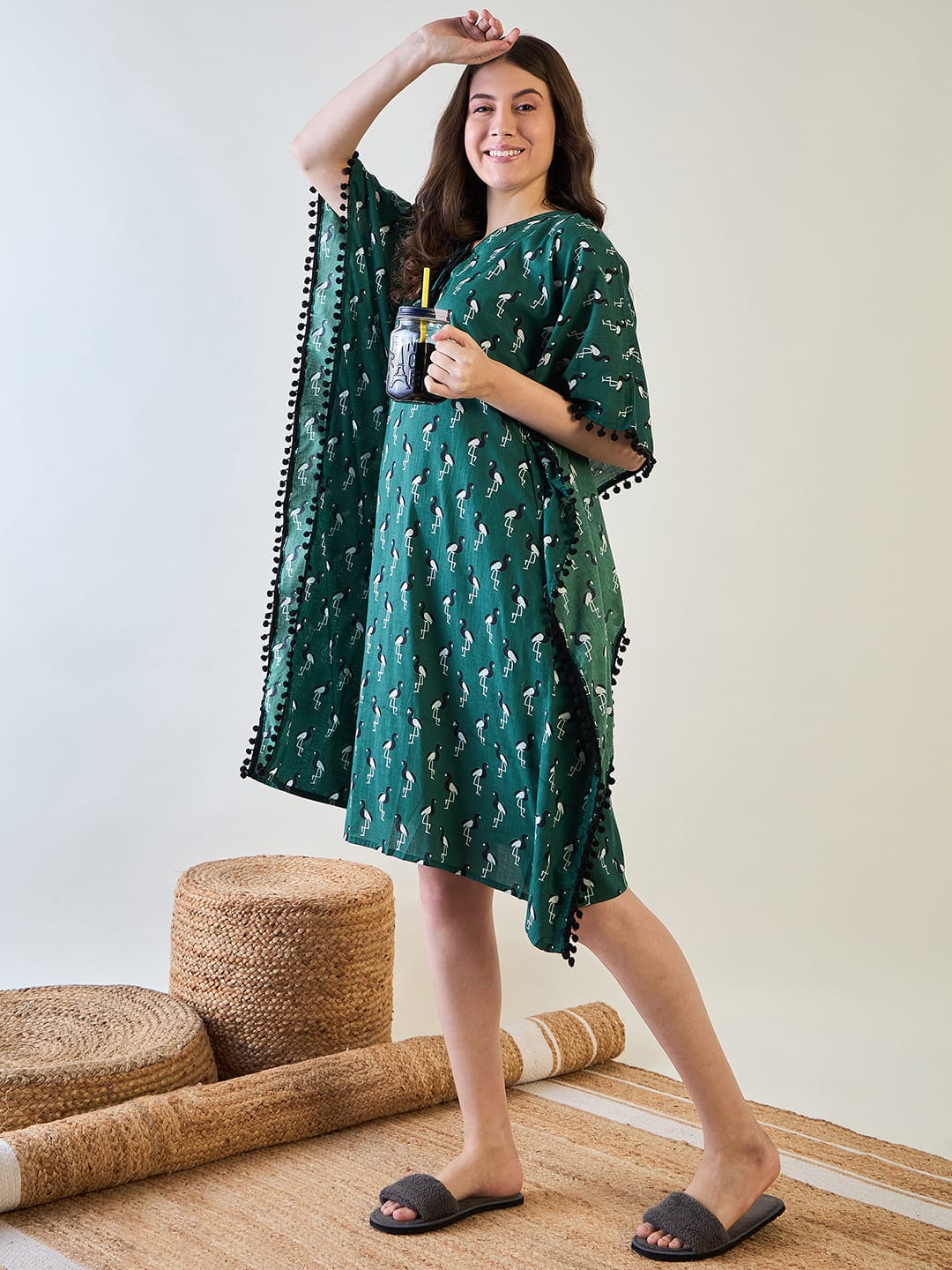 The Kaftan Company Kaftan Green Cotton Kaftan with Bird Print and Pom Pom Trim