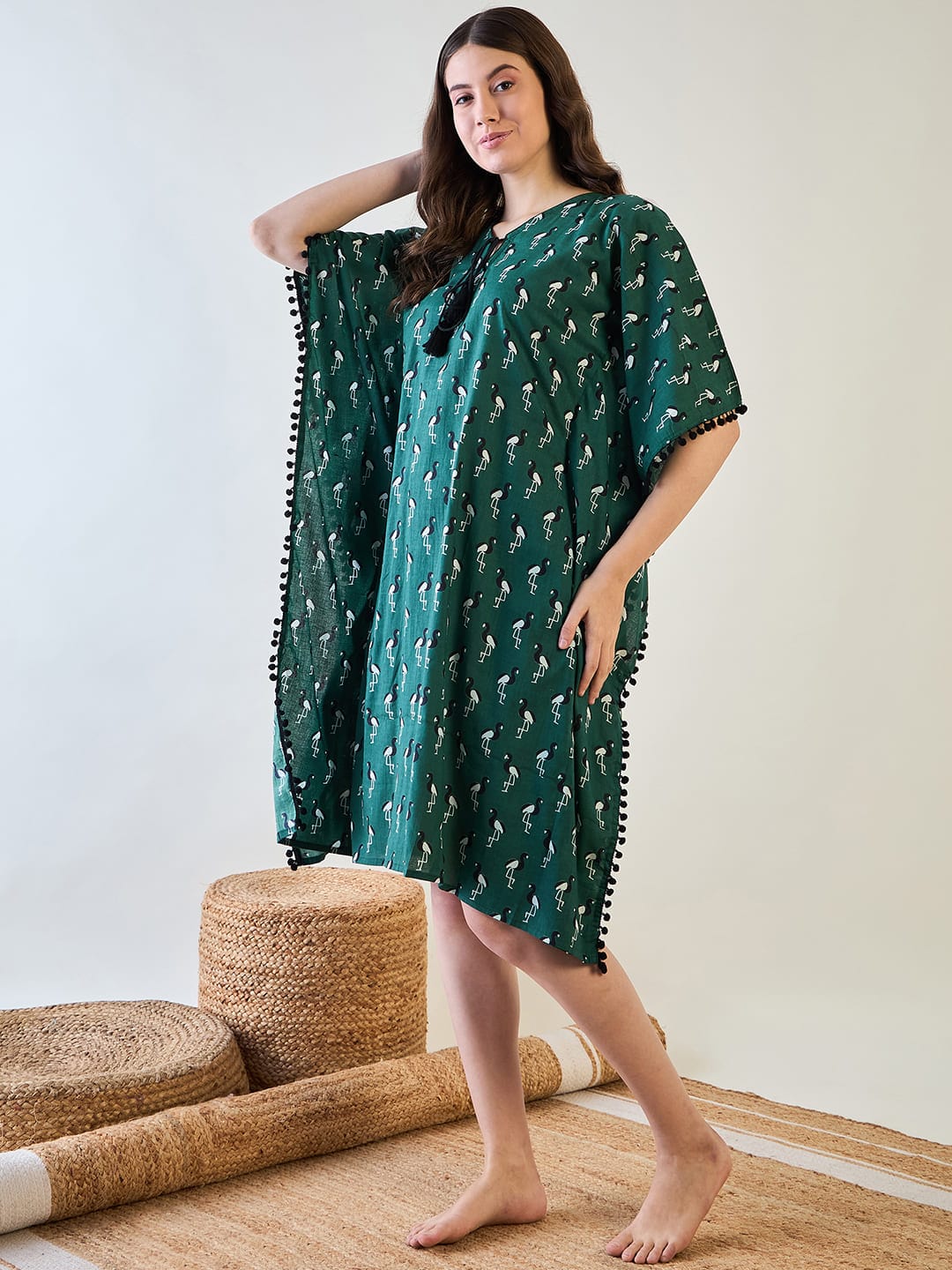 The Kaftan Company Kaftan Green Cotton Kaftan with Bird Print and Pom Pom Trim
