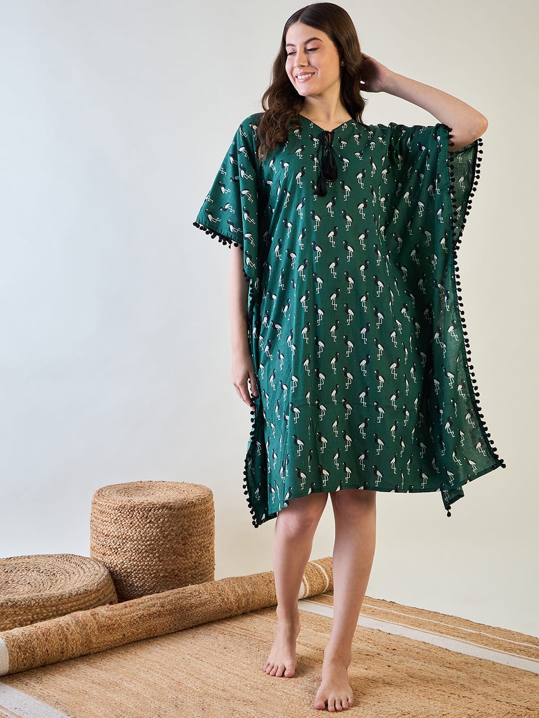 The Kaftan Company Kaftan Green Cotton Kaftan with Bird Print and Pom Pom Trim