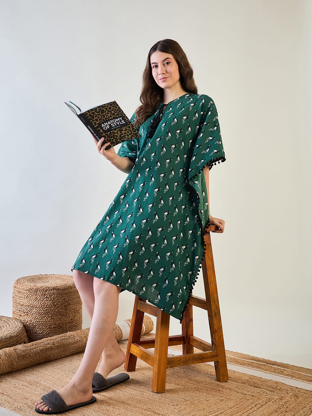 The Kaftan Company Kaftan Green Cotton Kaftan with Bird Print and Pom Pom Trim