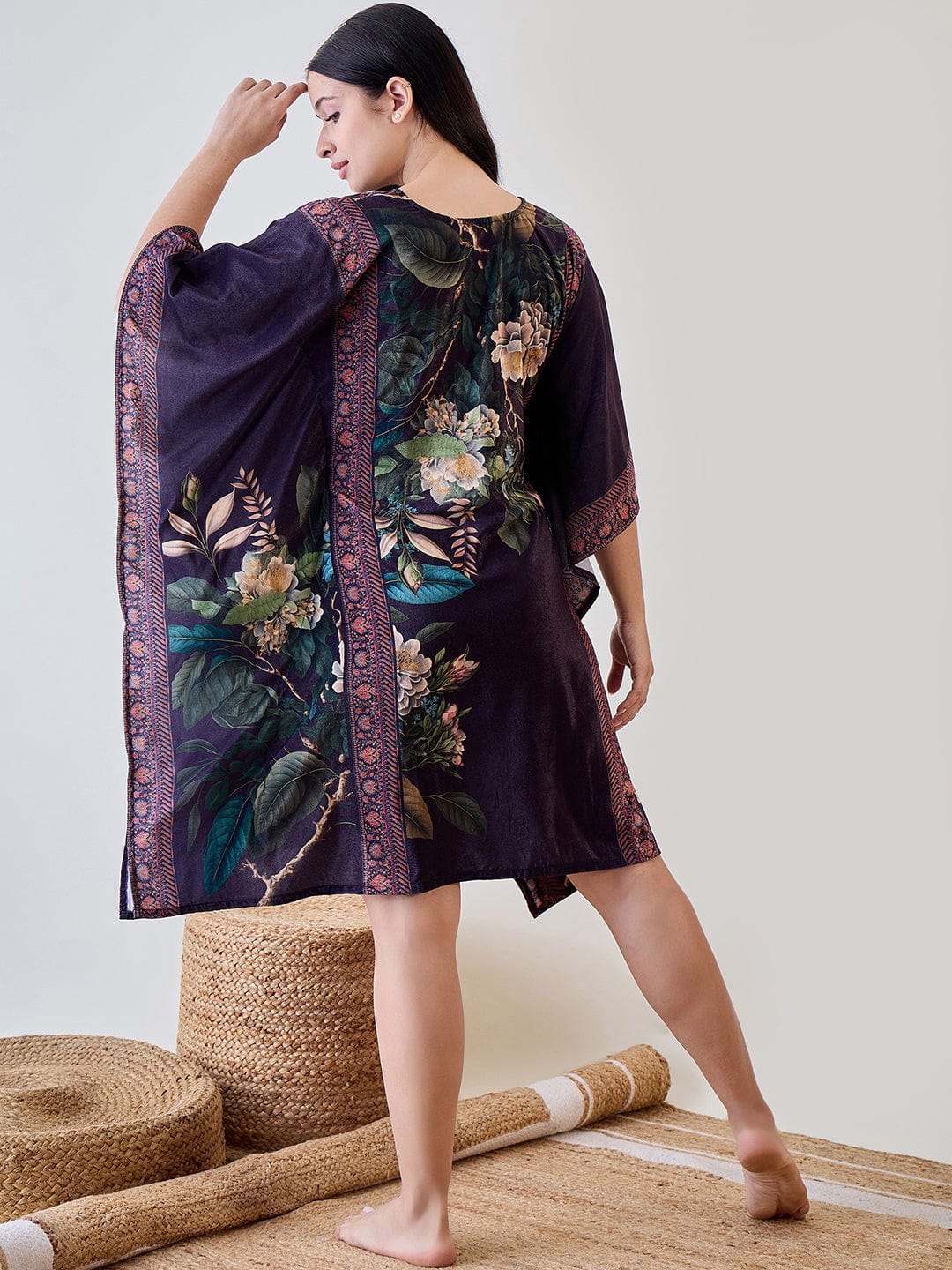 The Kaftan Company Kaftan Green Floral Garden Velvet Night Wear Kaftan
