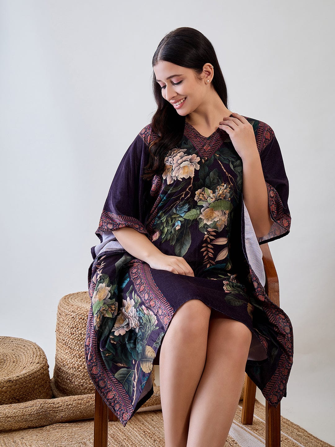 The Kaftan Company Kaftan Green Floral Garden Velvet Night Wear Kaftan