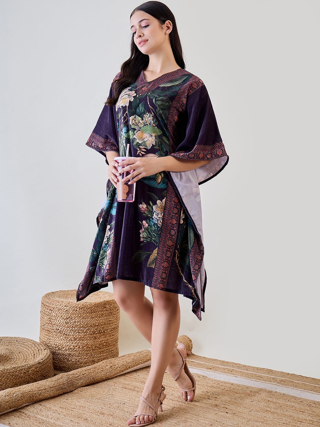 The Kaftan Company Kaftan Green Floral Garden Velvet Night Wear Kaftan