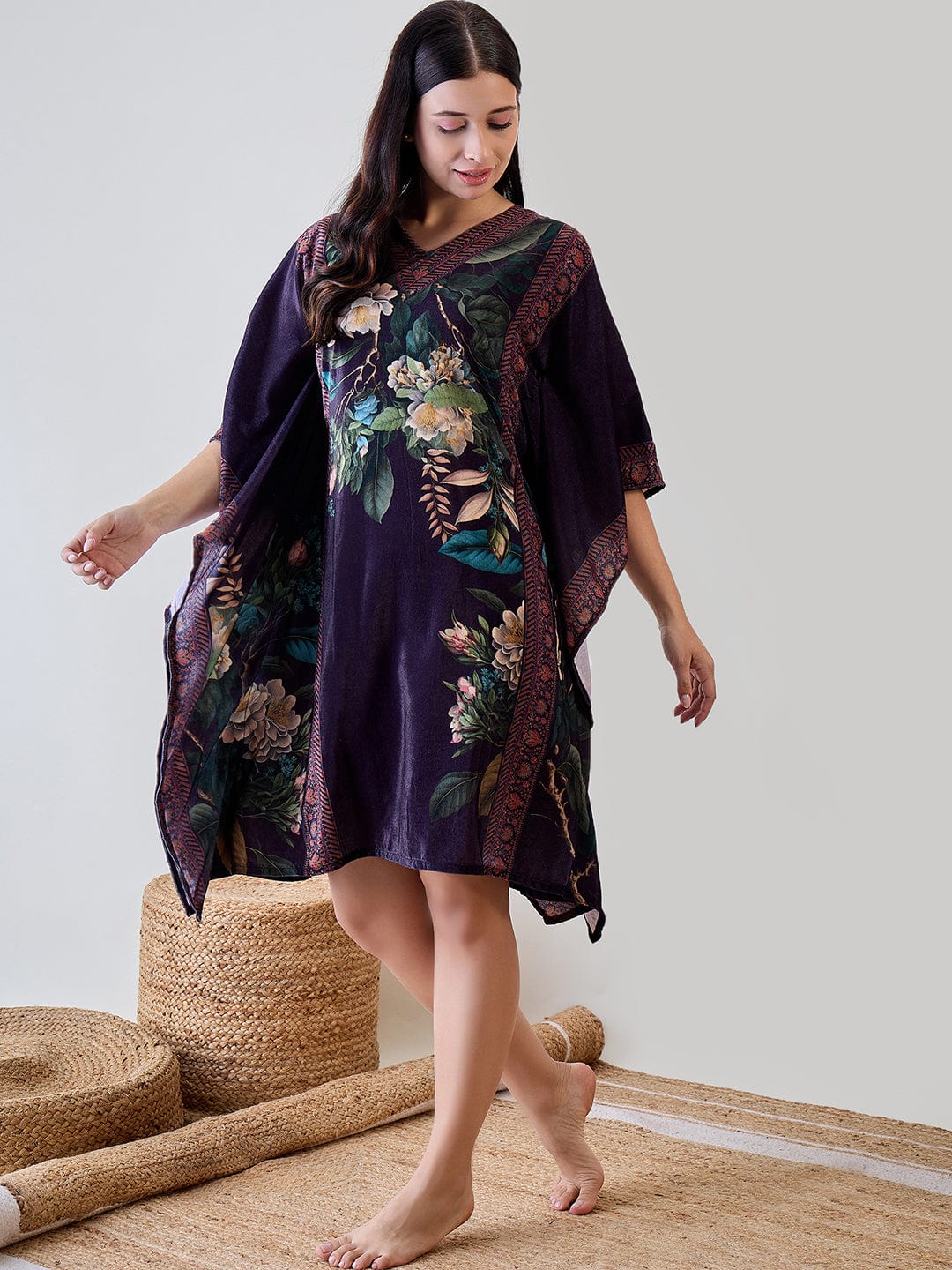 The Kaftan Company Kaftan Green Floral Garden Velvet Night Wear Kaftan