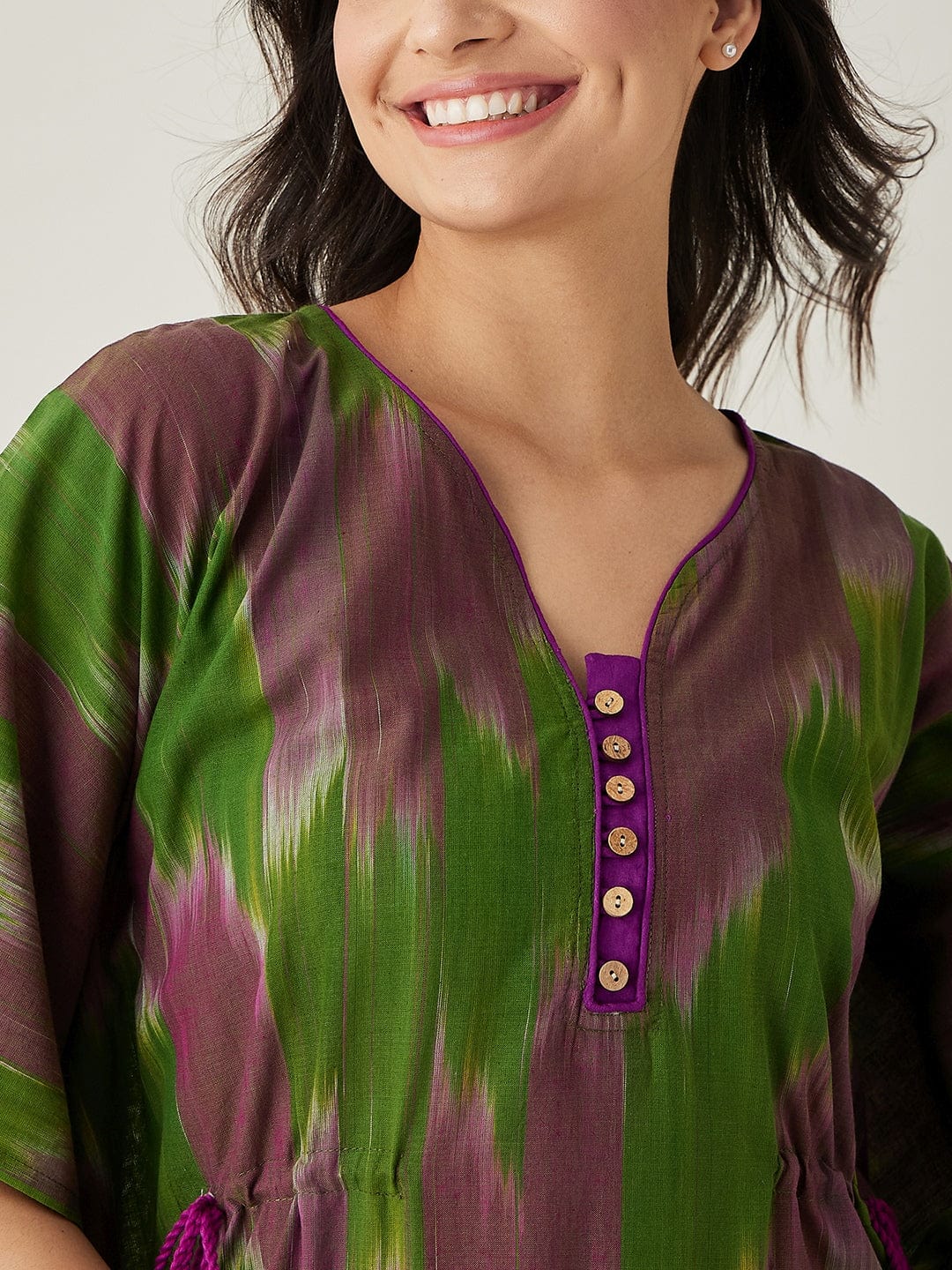 The Kaftan Company Kaftan Green Handloom Ikat Weave Cotton Kaftan