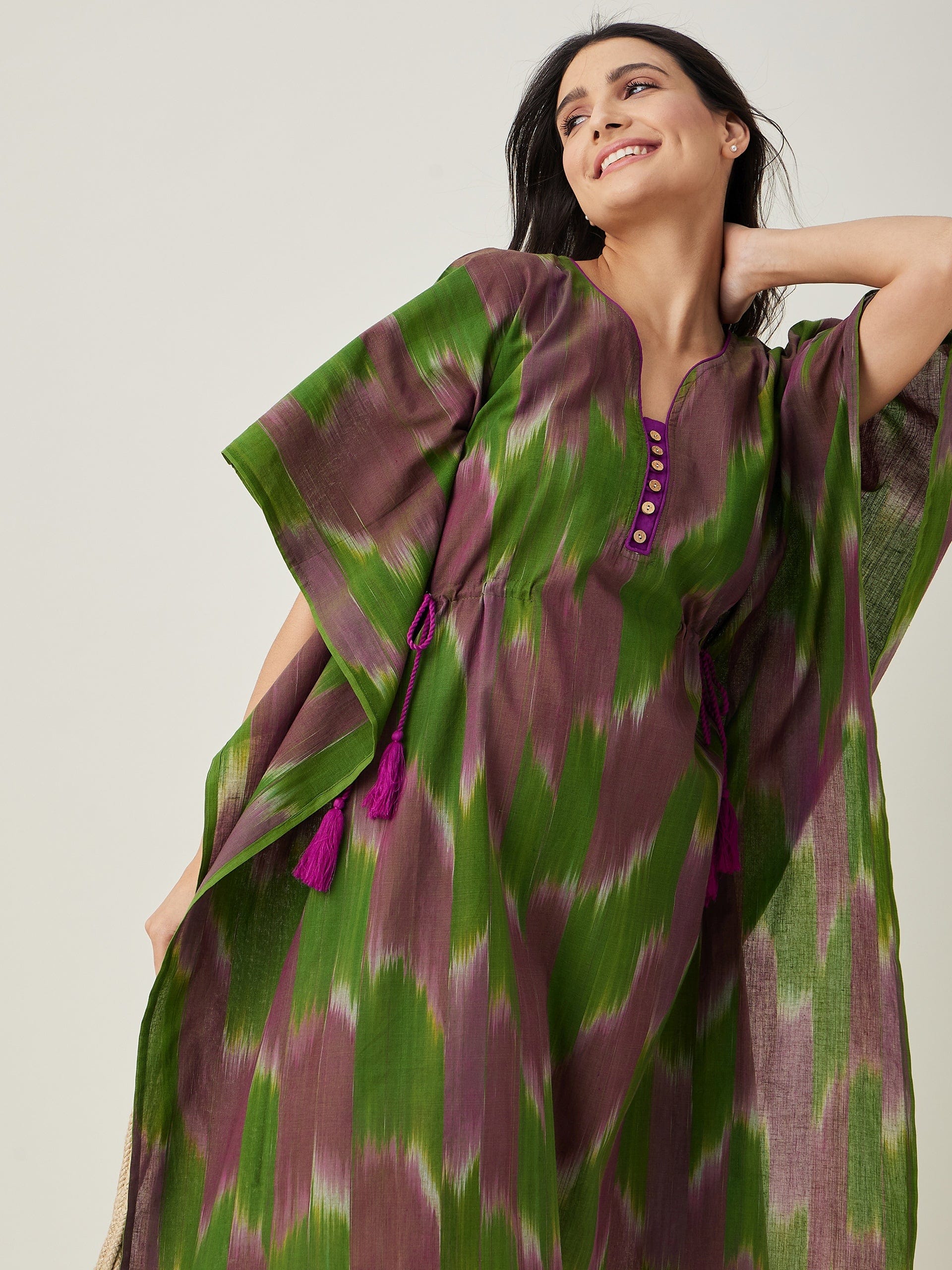 The Kaftan Company Kaftan Green Handloom Ikat Weave Cotton Kaftan