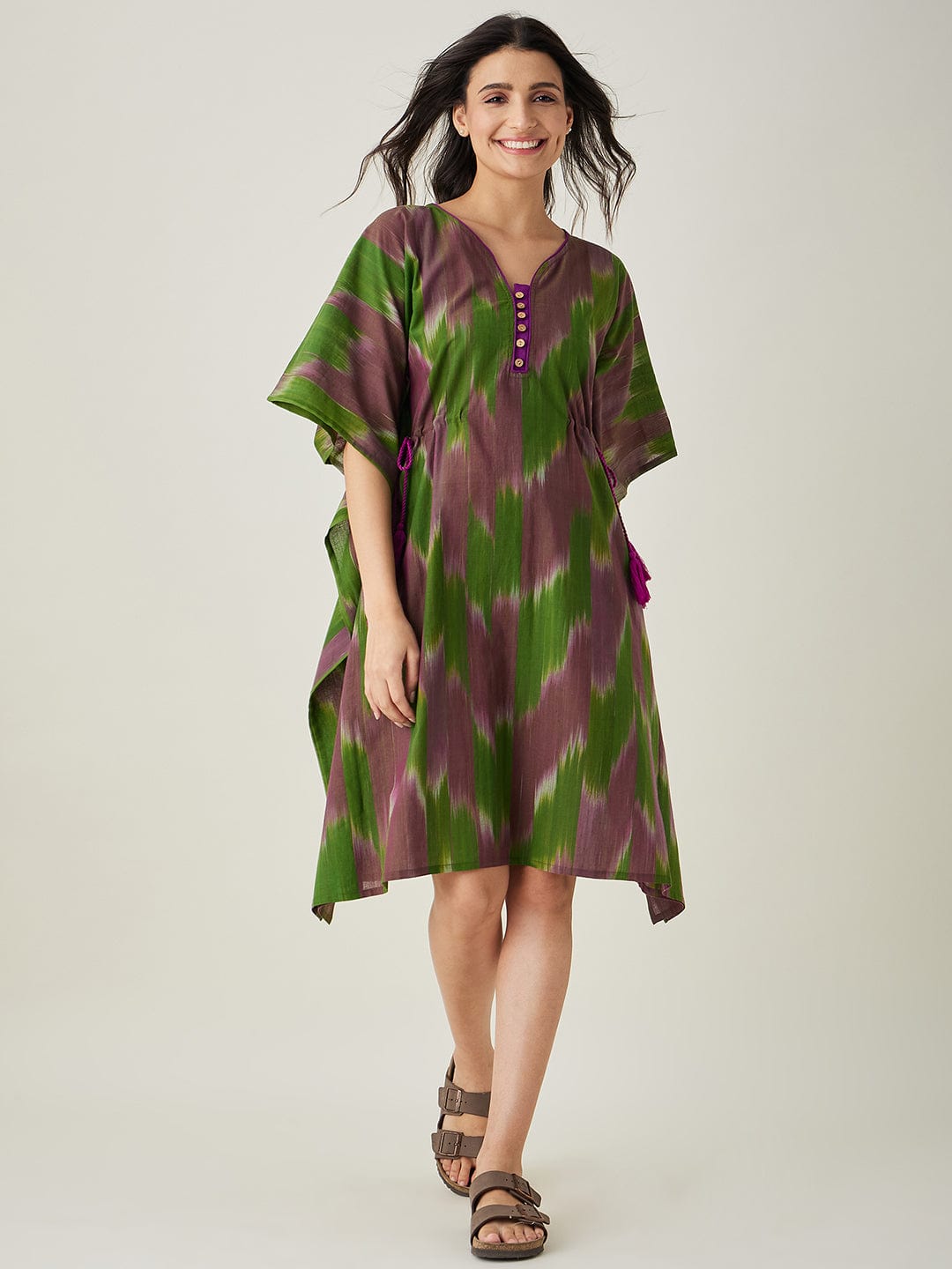 The Kaftan Company Kaftan Green Handloom Ikat Weave Cotton Kaftan