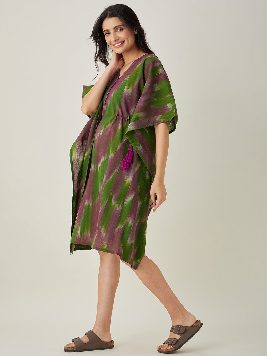 The Kaftan Company Kaftan Green Handloom Ikat Weave Cotton Kaftan