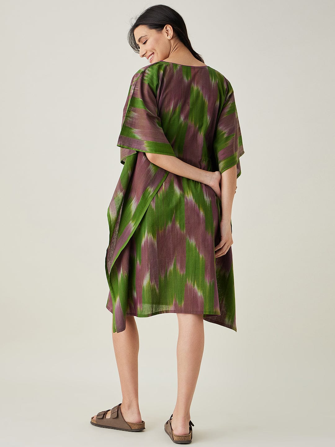 The Kaftan Company Kaftan Green Handloom Ikat Weave Cotton Kaftan