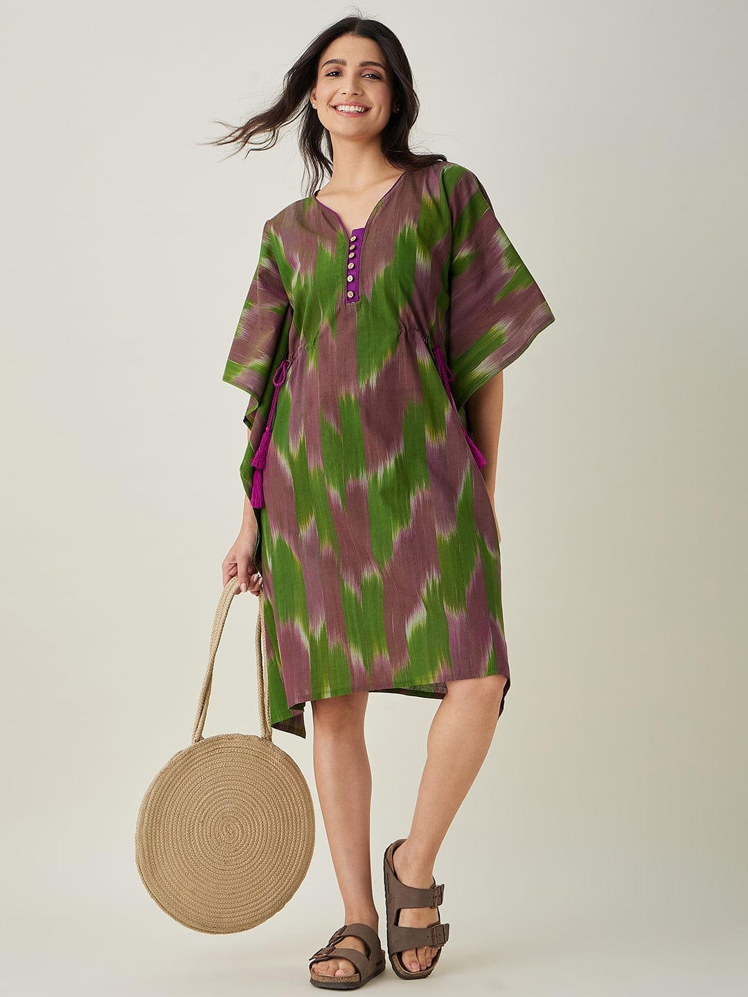 The Kaftan Company Kaftan Green Handloom Ikat Weave Cotton Kaftan