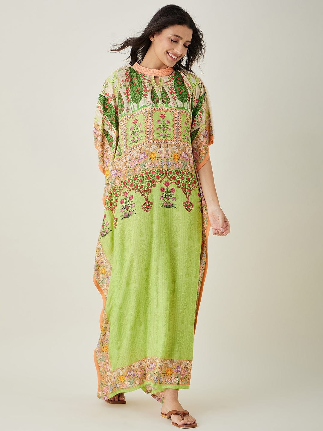 The Kaftan Company Kaftan Green peach Serenade Printed Kaftan