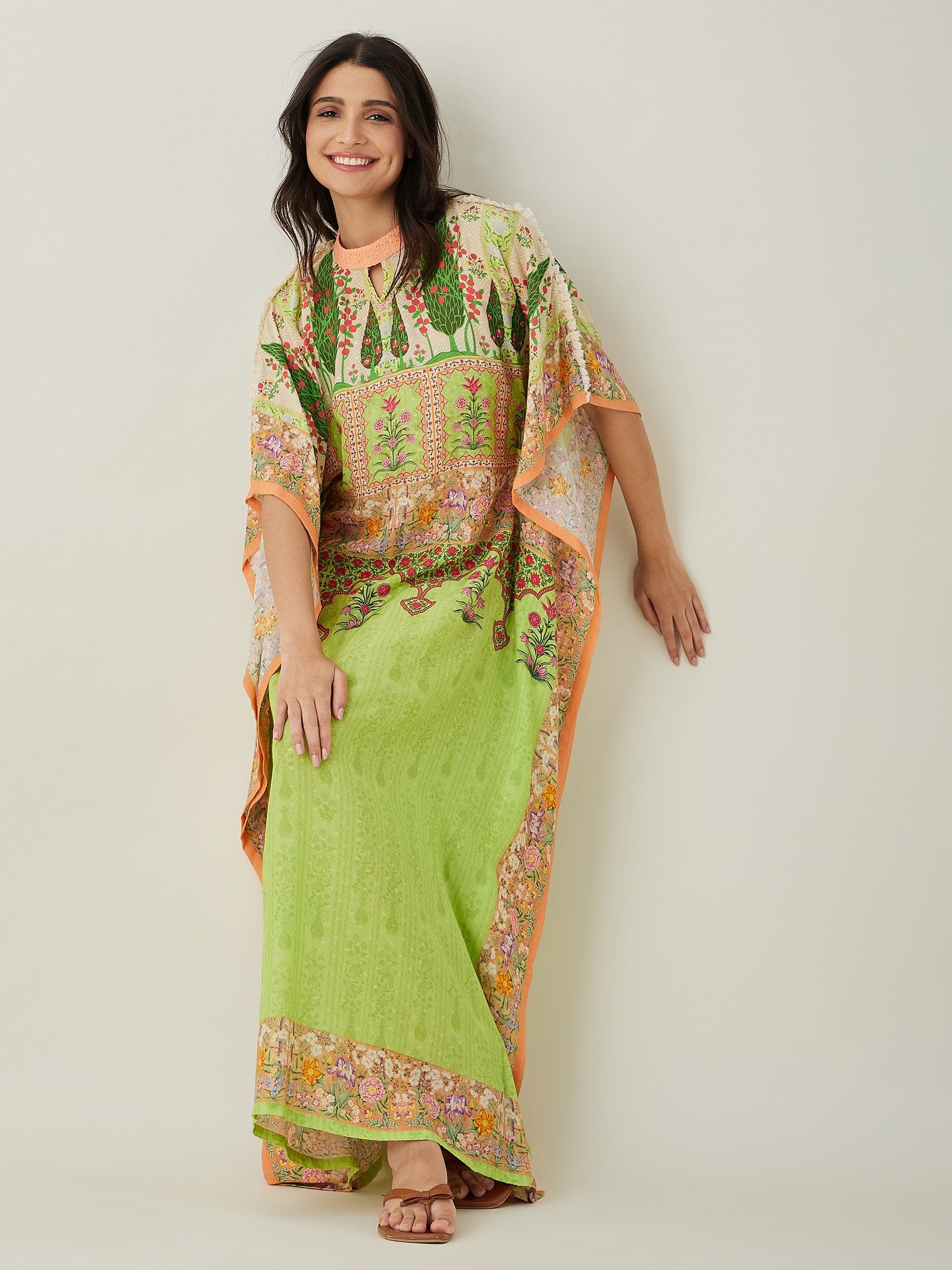 The Kaftan Company Kaftan Green peach Serenade Printed Kaftan