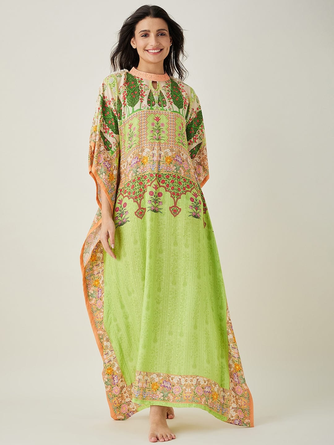 The Kaftan Company Kaftan Green peach Serenade Printed Kaftan