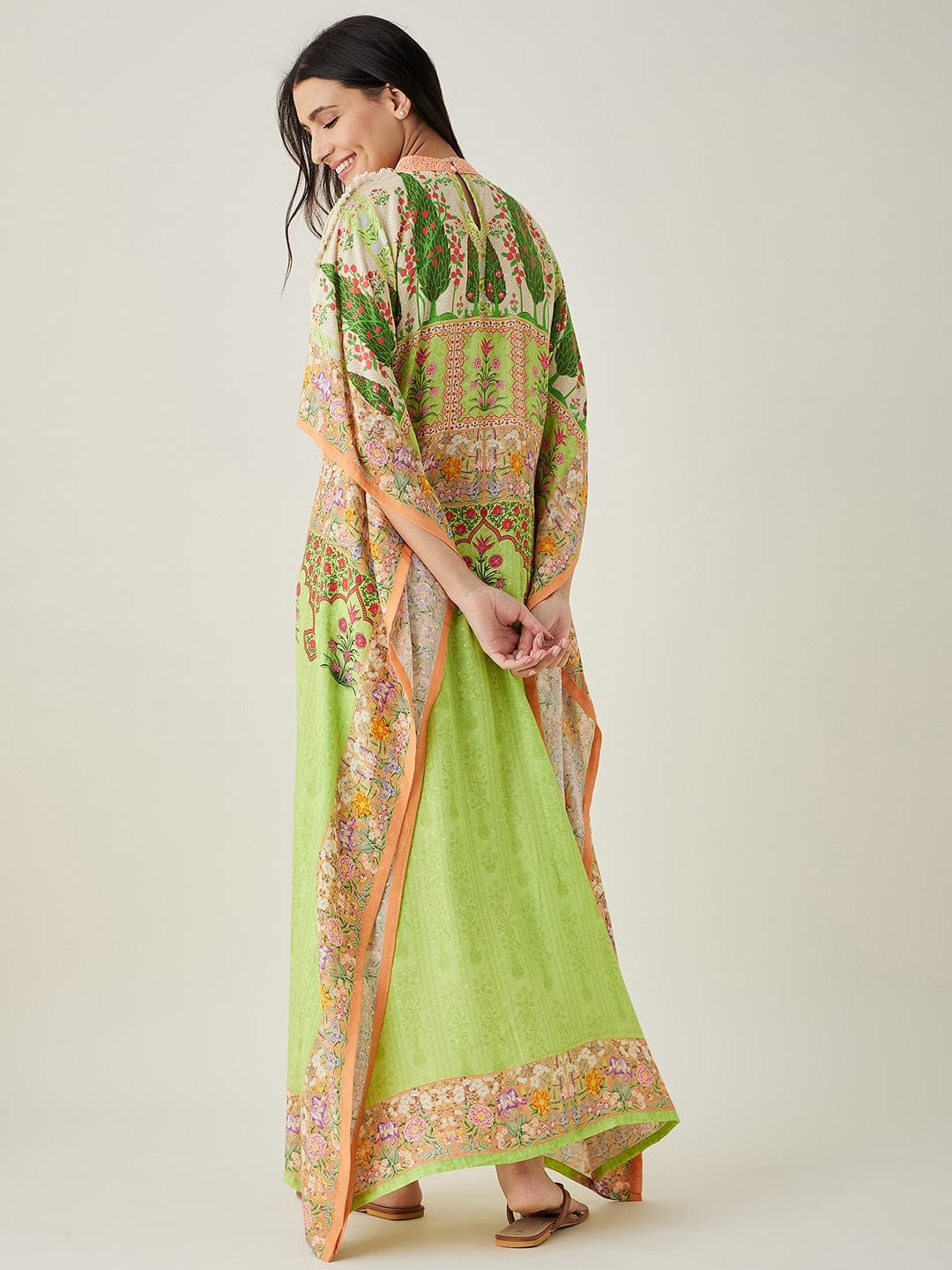 The Kaftan Company Kaftan Green peach Serenade Printed Kaftan