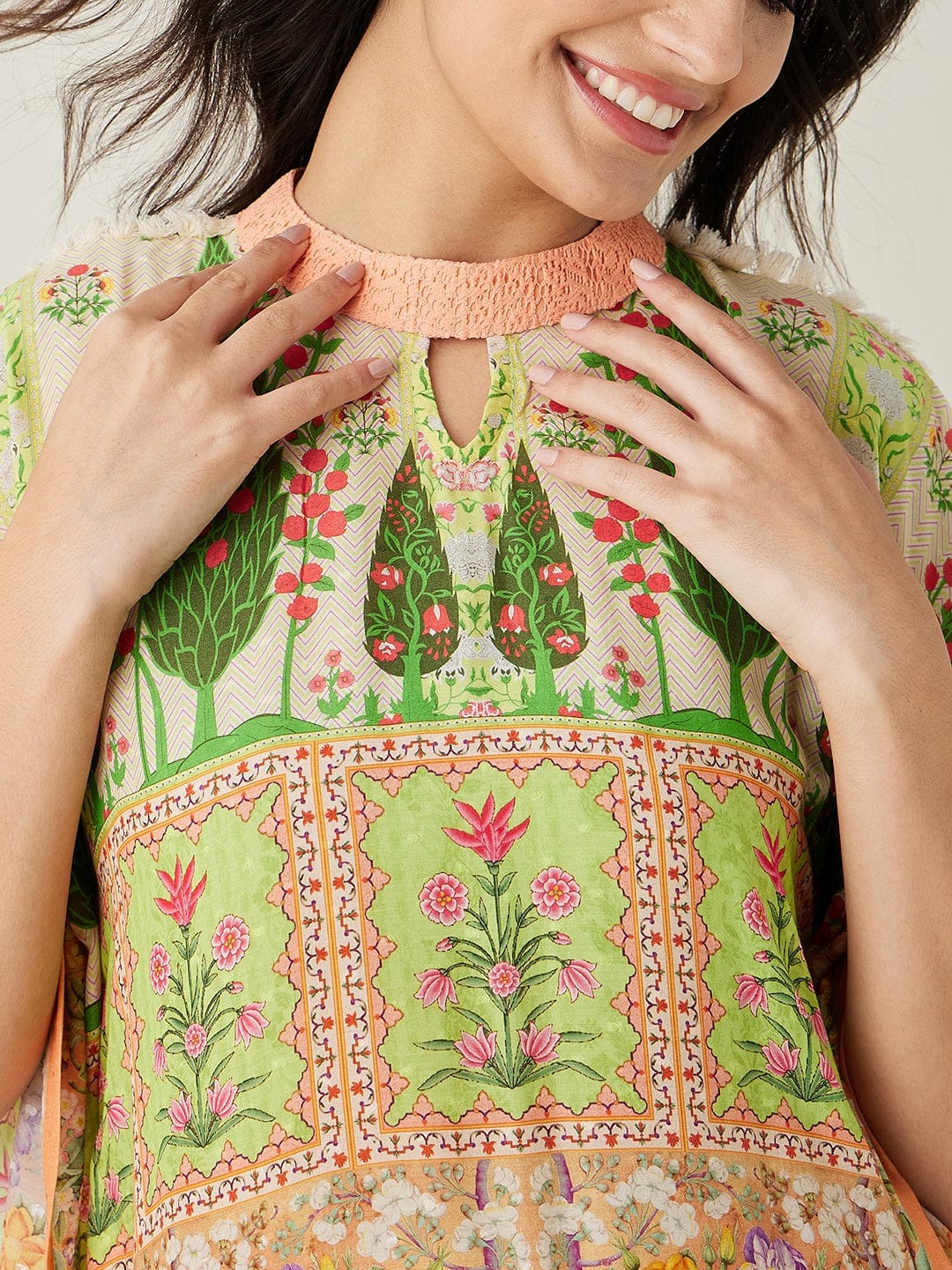 The Kaftan Company Kaftan Green peach Serenade Printed Kaftan