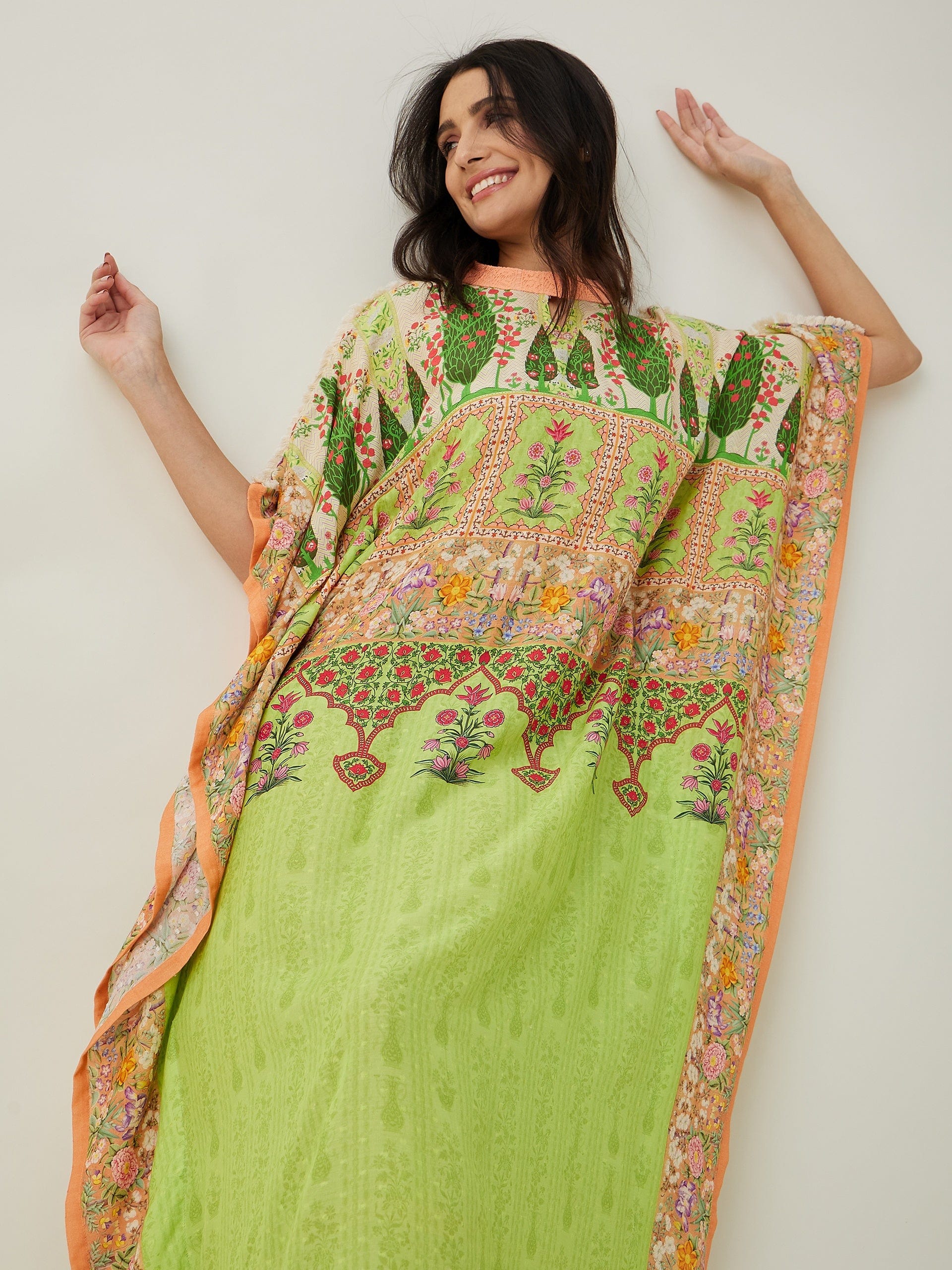 The Kaftan Company Kaftan Green peach Serenade Printed Kaftan