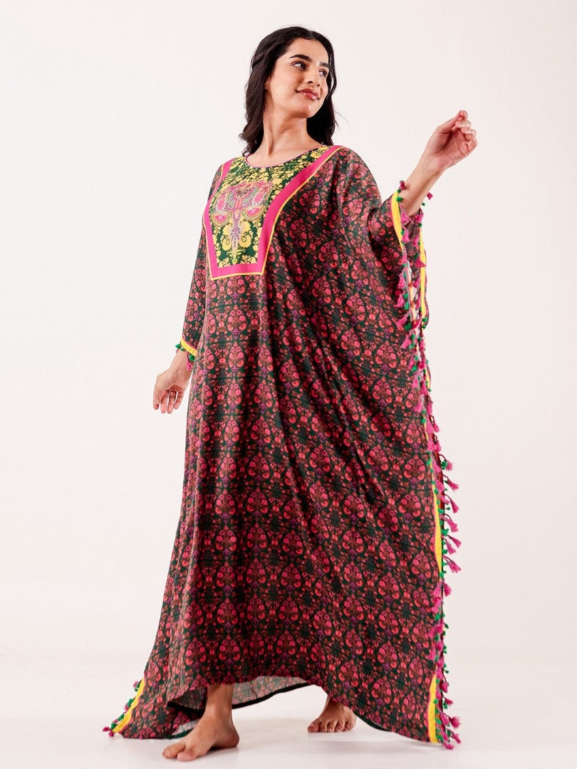 The Kaftan Company Kaftan Green & Pink Ornate Printed Modal Kaftan
