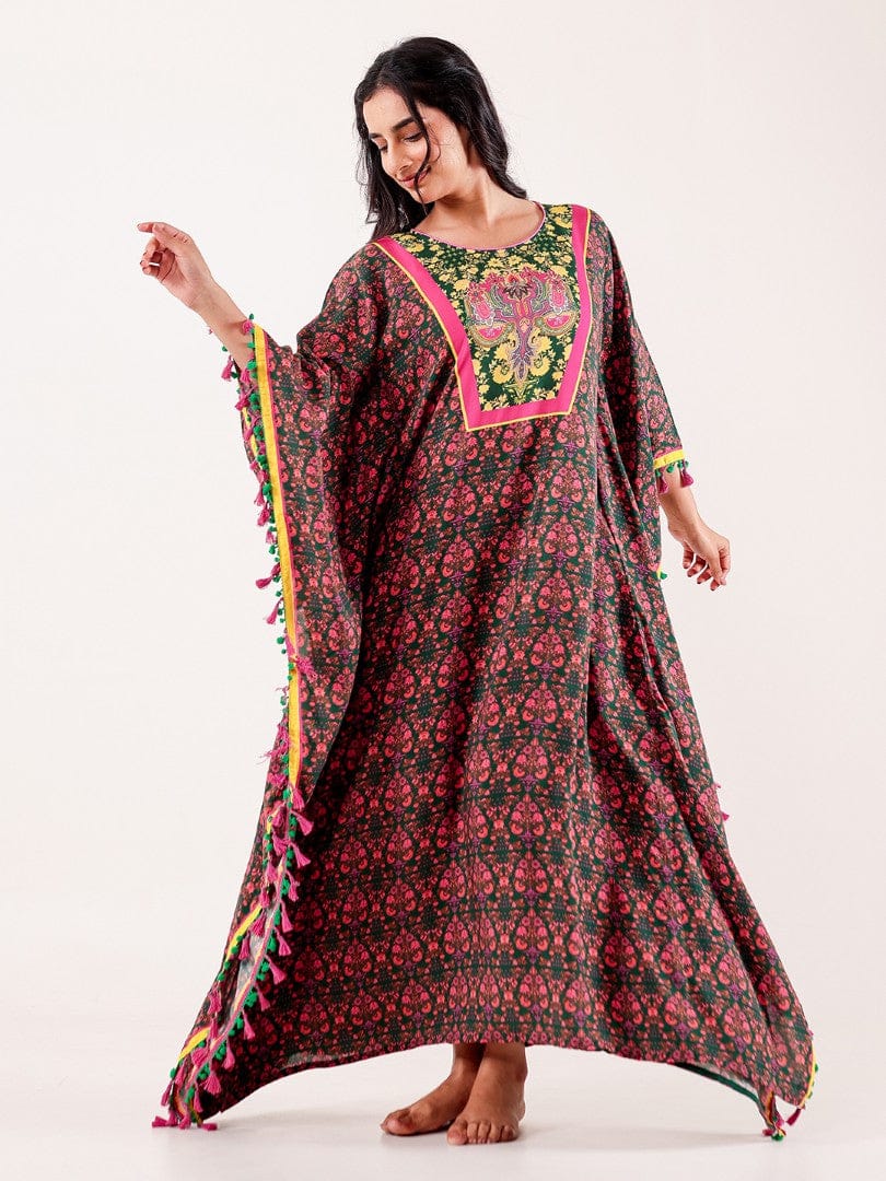 The Kaftan Company Kaftan Green & Pink Ornate Printed Modal Kaftan