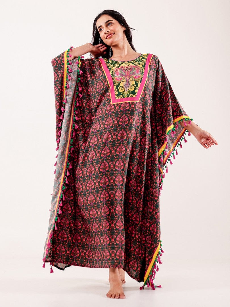 The Kaftan Company Kaftan Green & Pink Ornate Printed Modal Kaftan