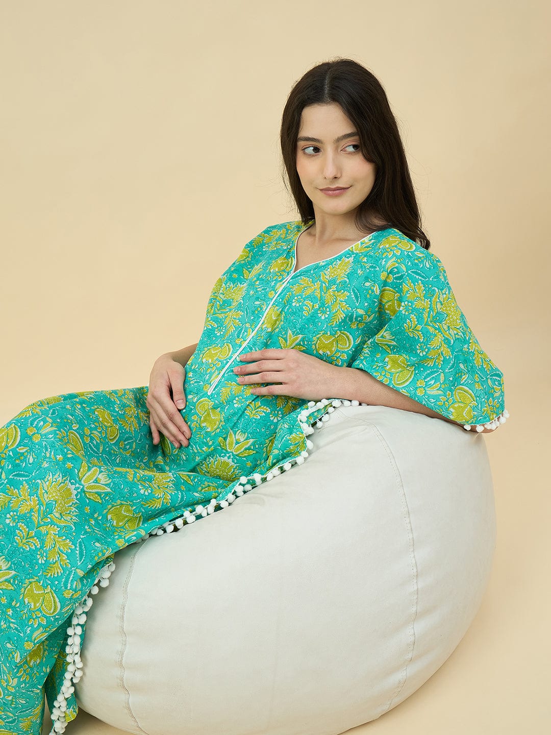 The Kaftan Company Kaftan Green Printed Cotton Maternity Kaftan with Feeding Zipper