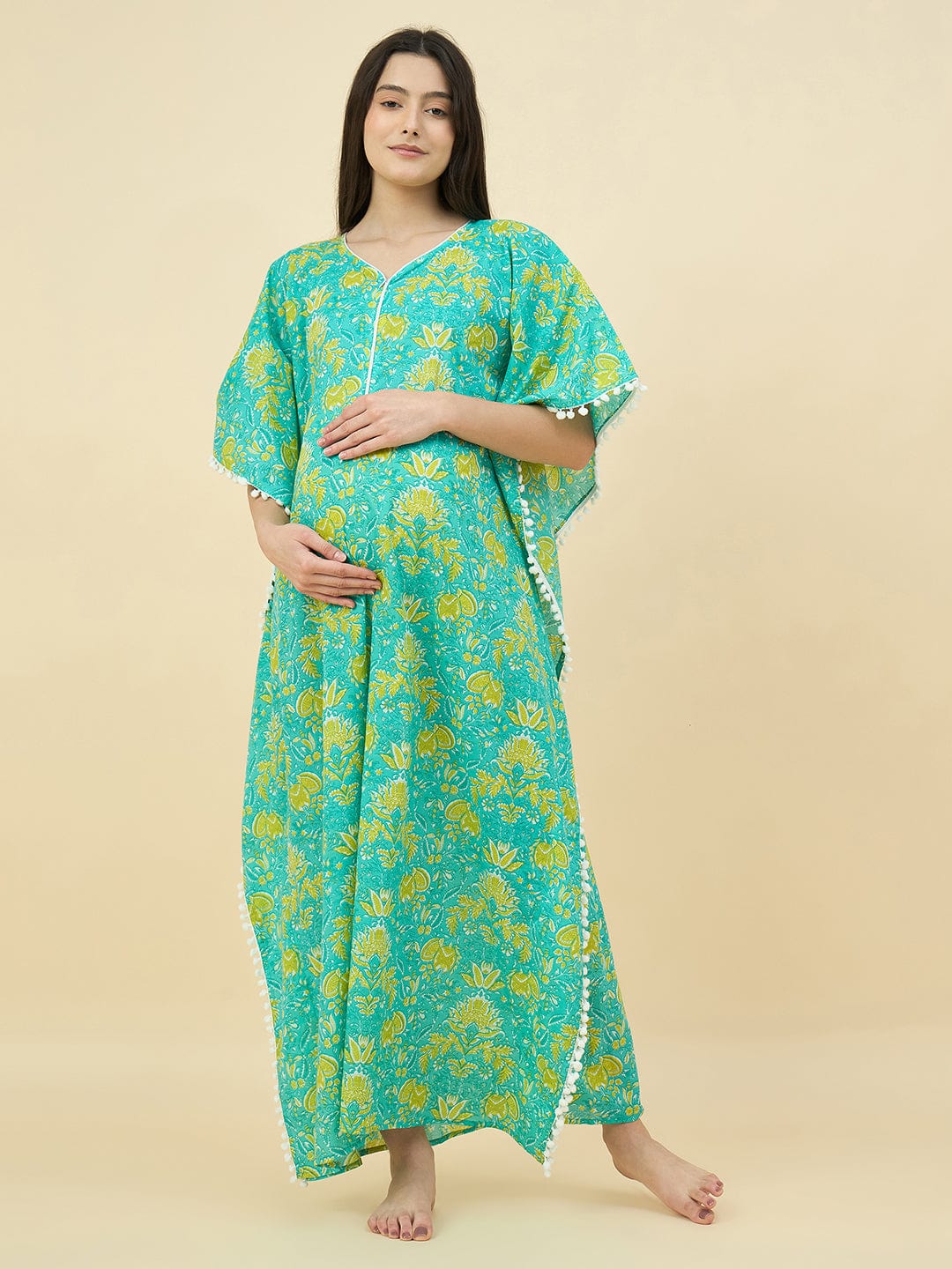 The Kaftan Company Kaftan Green Printed Cotton Maternity Kaftan with Feeding Zipper