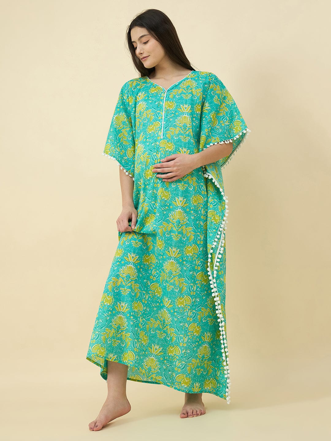 The Kaftan Company Kaftan Green Printed Cotton Maternity Kaftan with Feeding Zipper
