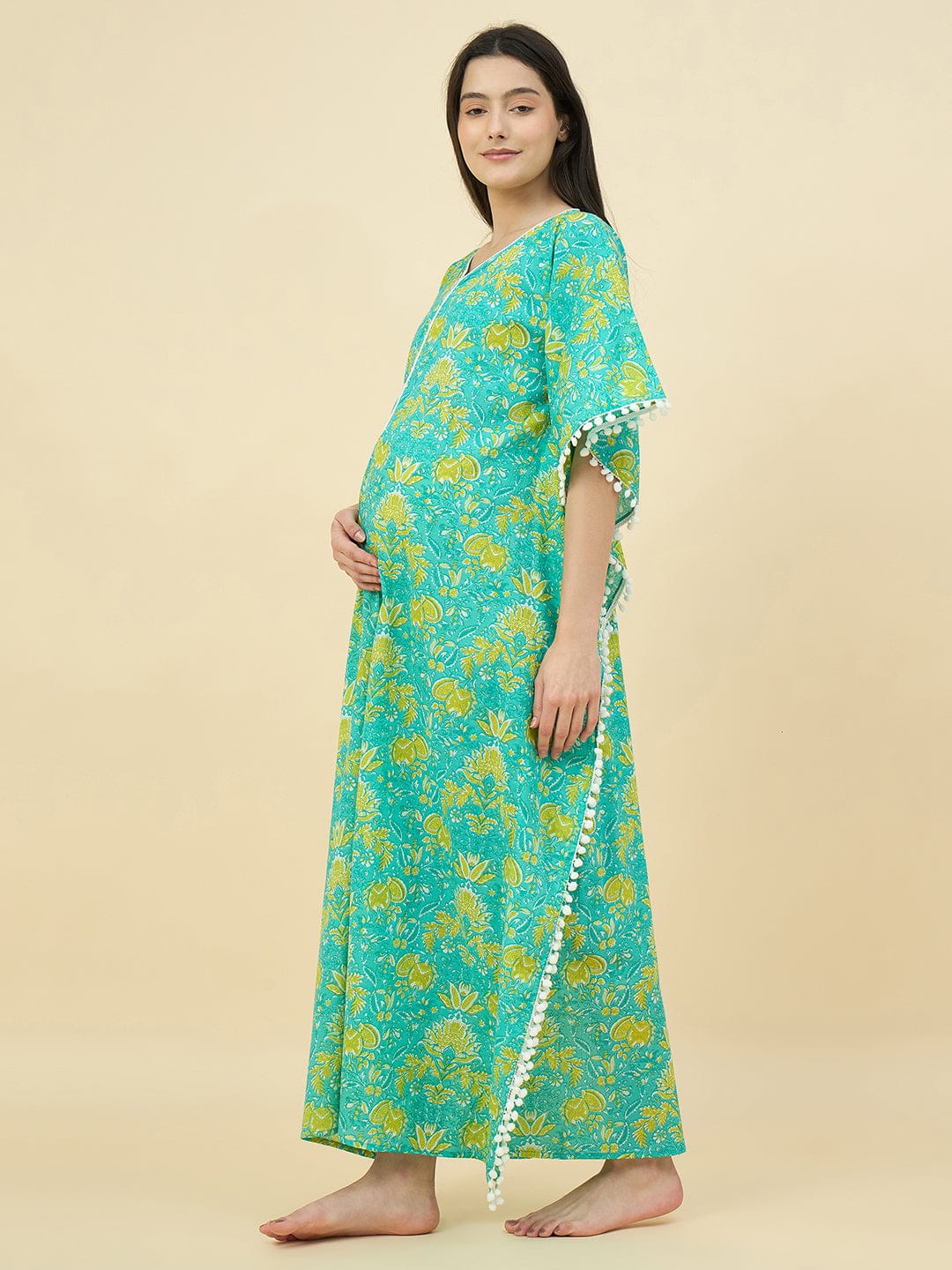 The Kaftan Company Kaftan Green Printed Cotton Maternity Kaftan with Feeding Zipper