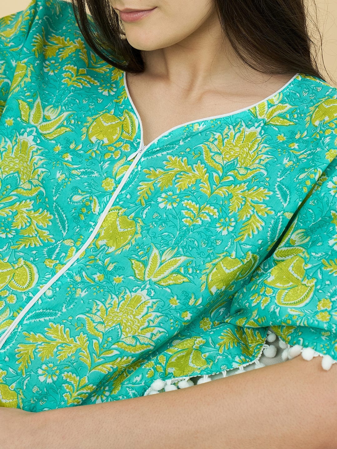 The Kaftan Company Kaftan Green Printed Cotton Maternity Kaftan with Feeding Zipper