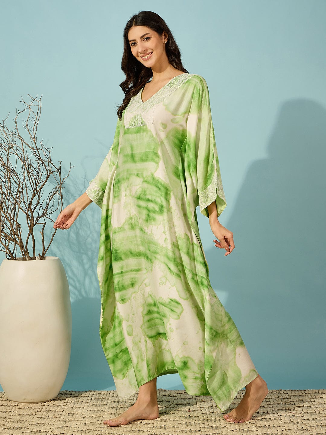 The Kaftan Company Kaftan Green Tie Dye Lace Yoke Nightdress