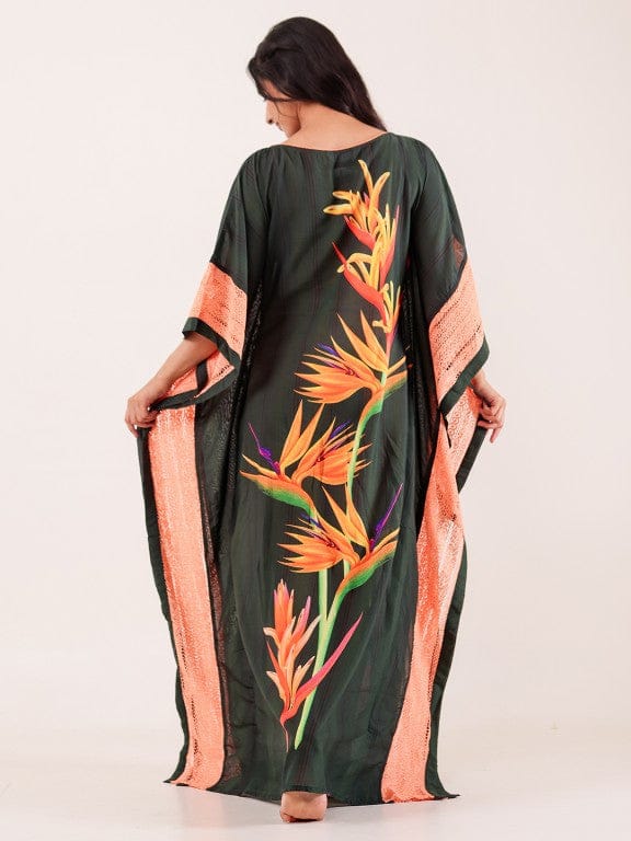 The Kaftan Company Kaftan Green Tropical Bird-of-Paradise Printed Viscose Kaftan