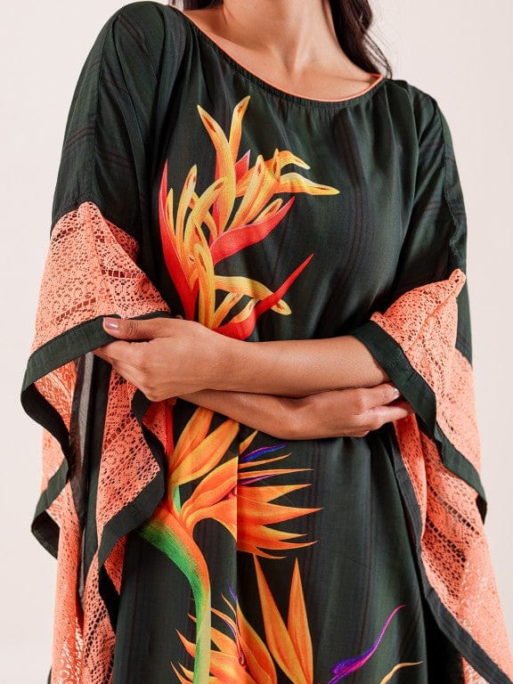 The Kaftan Company Kaftan Green Tropical Bird-of-Paradise Printed Viscose Kaftan