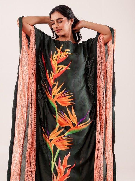 The Kaftan Company Kaftan Green Tropical Bird-of-Paradise Printed Viscose Kaftan