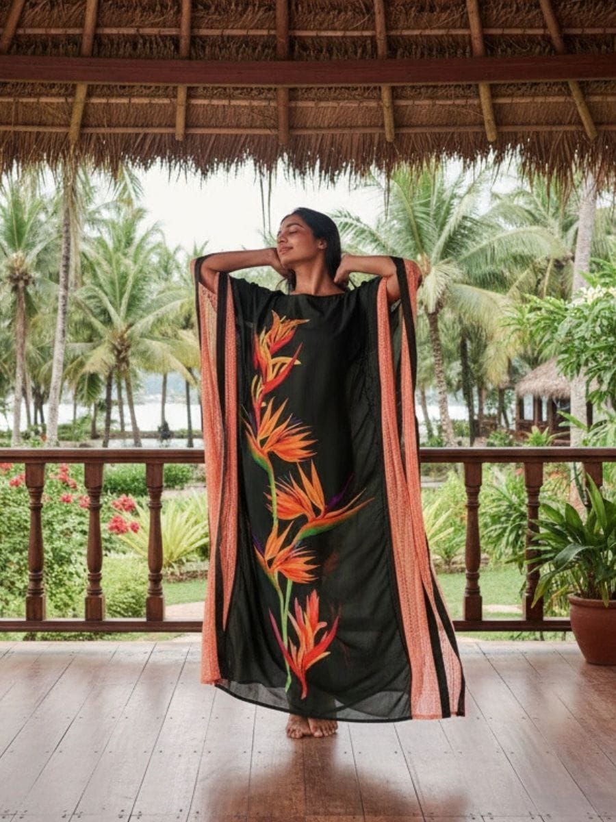 The Kaftan Company Kaftan Green Tropical Bird-of-Paradise Printed Viscose Kaftan