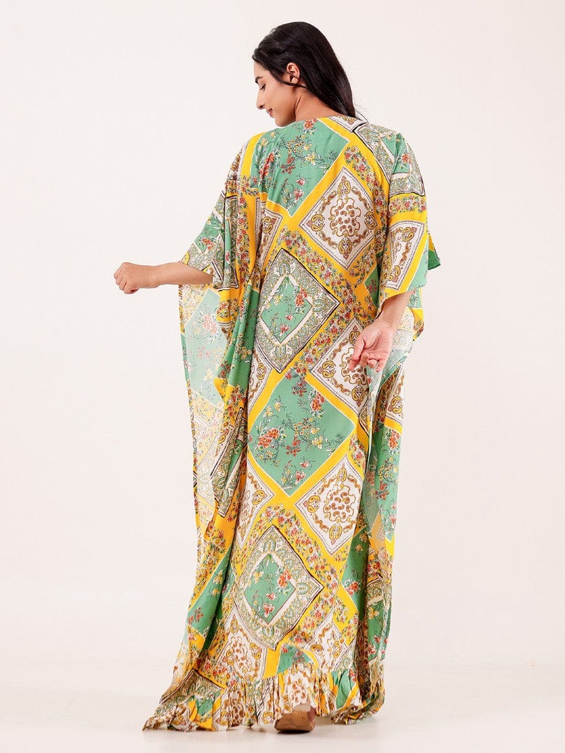 The Kaftan Company Kaftan Green & Yellow Geometric Floral Printed Loungewear Kaftan