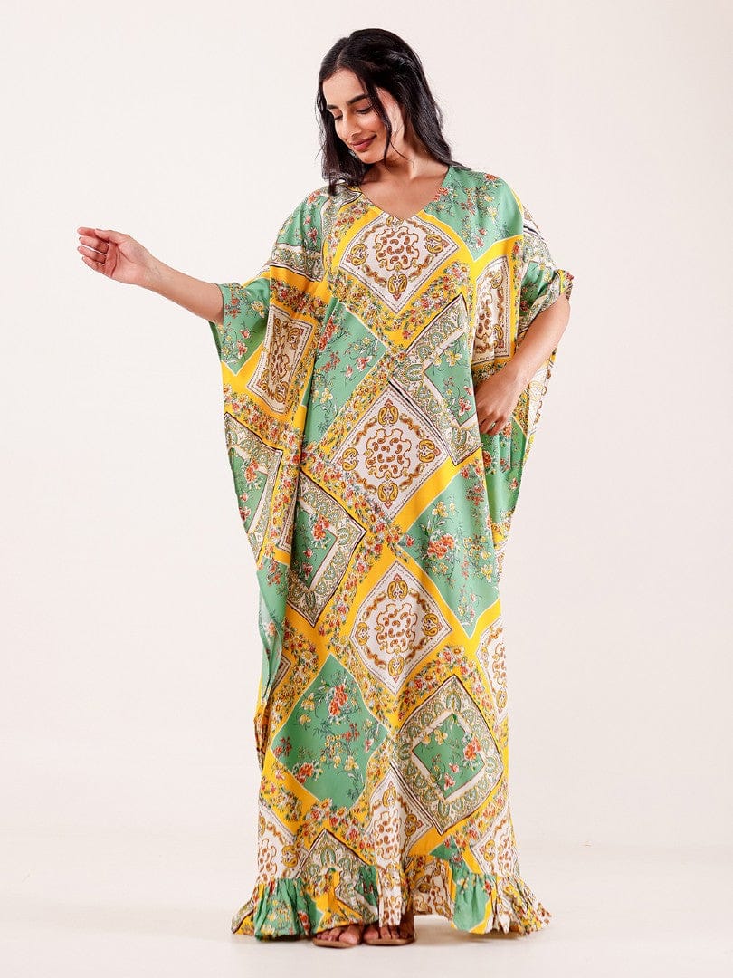The Kaftan Company Kaftan Green & Yellow Geometric Floral Printed Loungewear Kaftan
