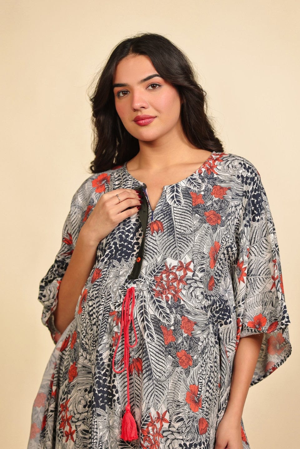 The Kaftan Company Kaftan Grey and Red Tropical Foliage Print Viscose Maternity Kaftan